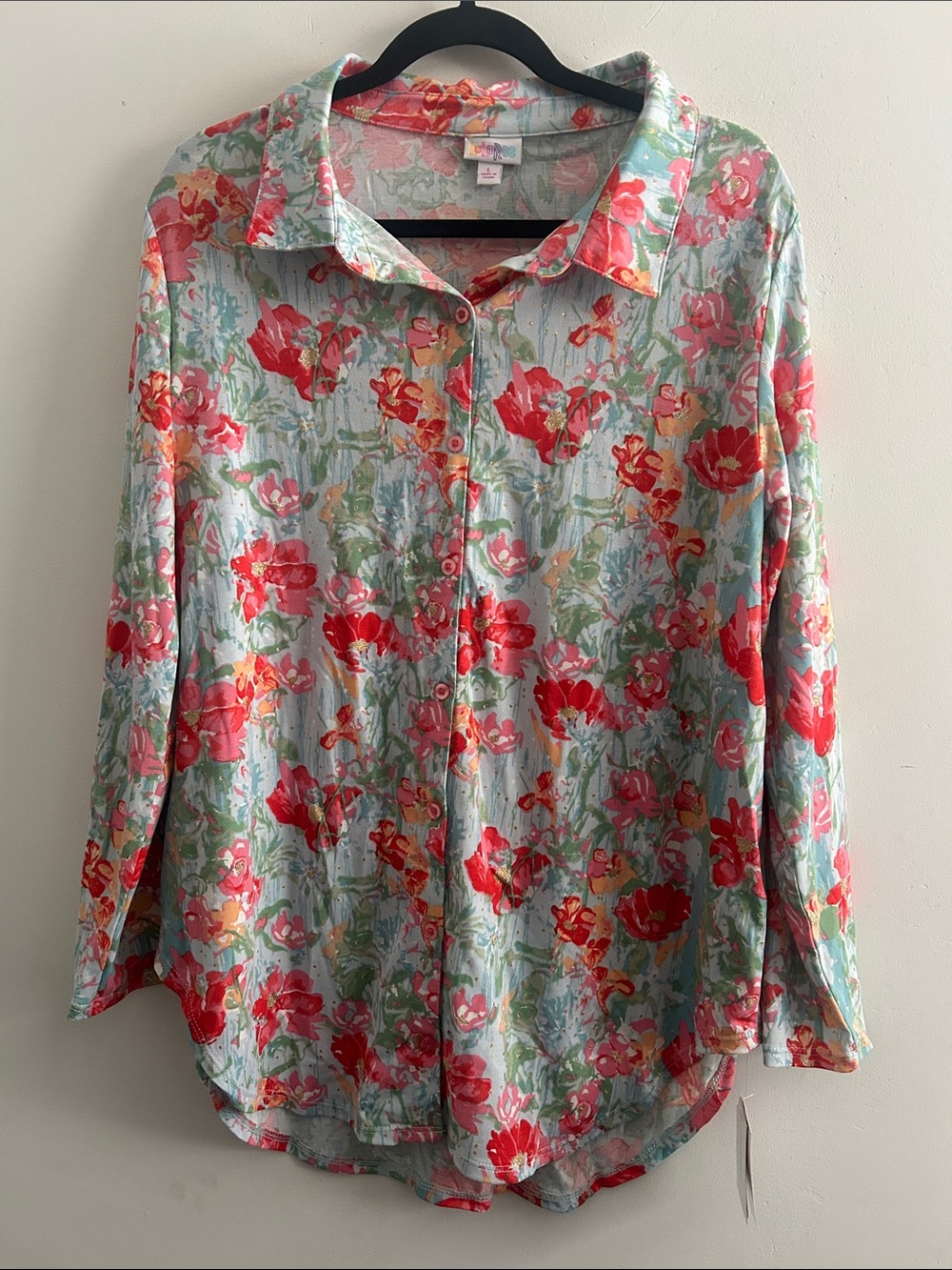 LuLaRoe Light Blue Button-Down with Red & Coral Floral Print
